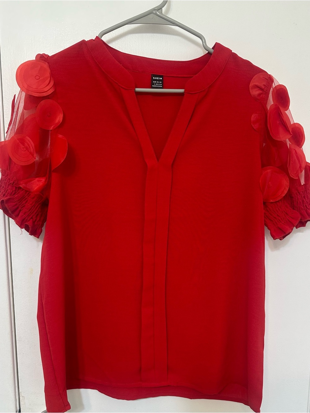 SHEIN Red V-Neck Blouse with 3D Disc Accent Sleeves